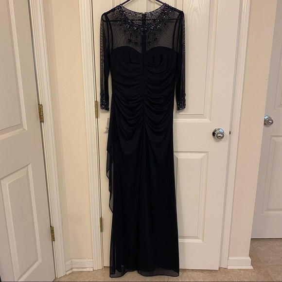 Alex Evenings Illusion Embellished 3/4 Sleeve Ruched A-Line Gown in Dark Navy - Picture 11 of 14
